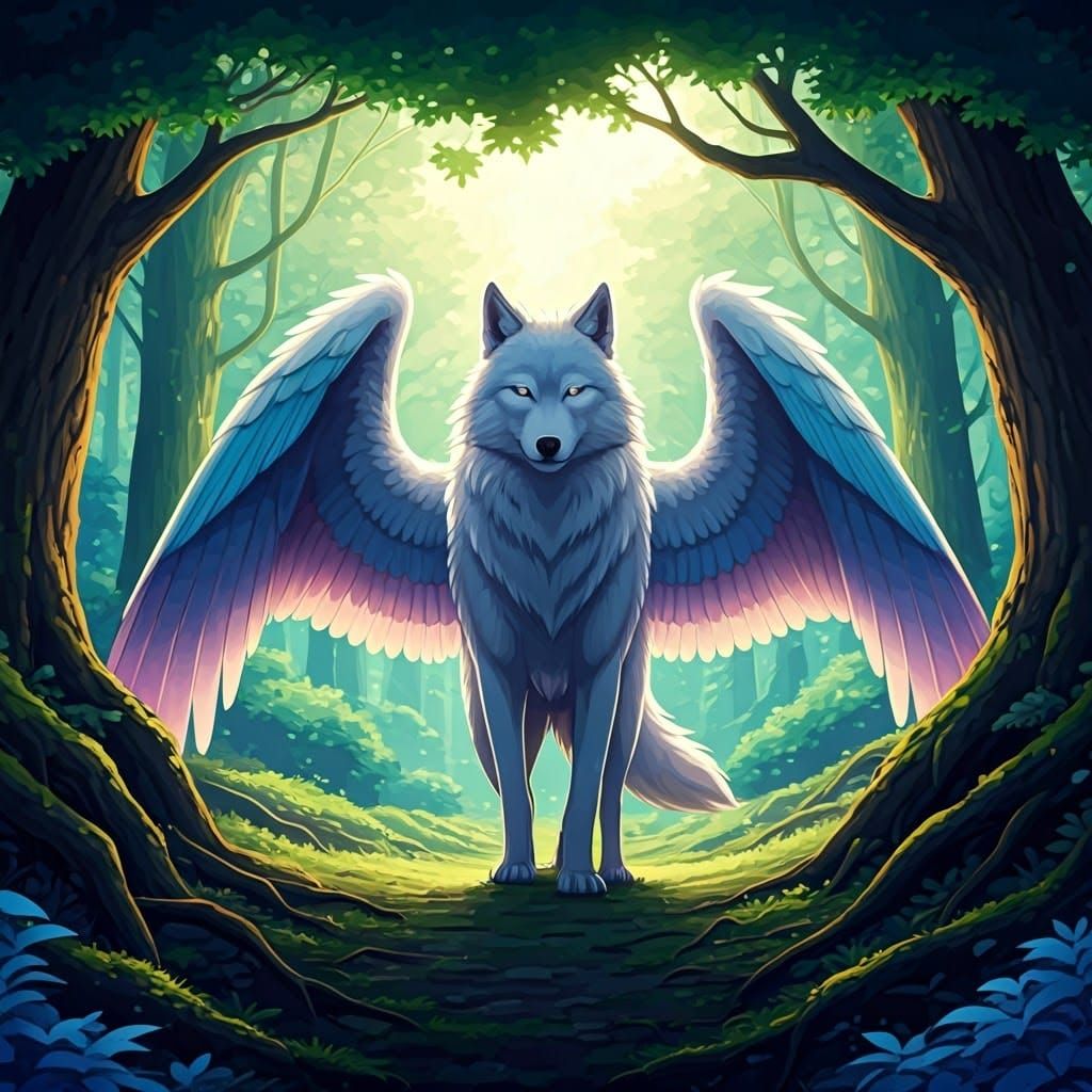 Winged Wolf in Mystical Forest: Anime Style