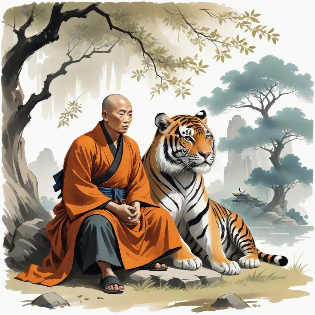 Monk and Tiger in Ancient China Illustration