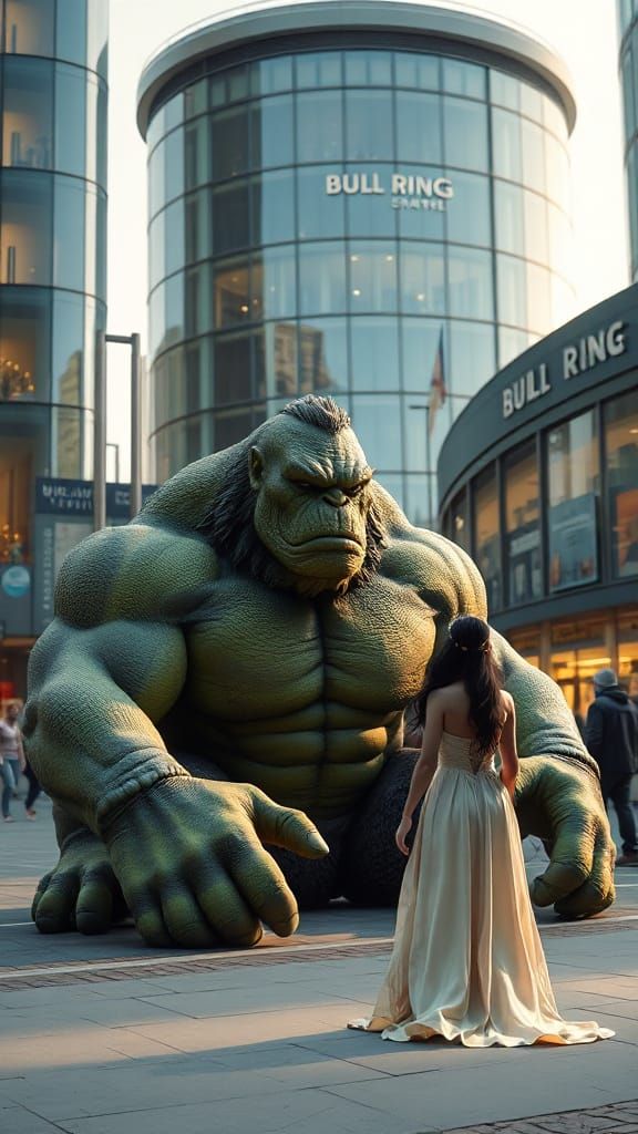A huge muscular Hulk-like monster, with green skin and rough features, sits outside the Bull Ring shopping center in Bir...