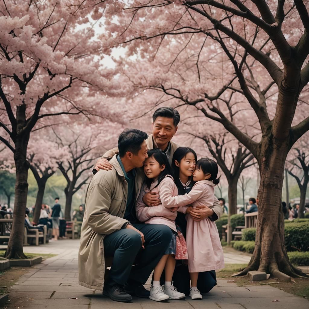 Chinese Family Embrace Under Sakura Tree: Cinematic Still