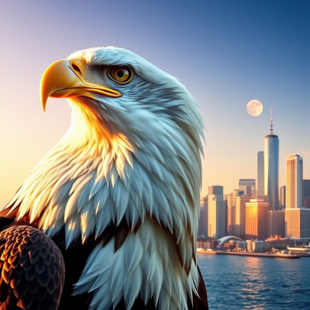 Majestic Bald Eagle Overlooking Golden Cityscape