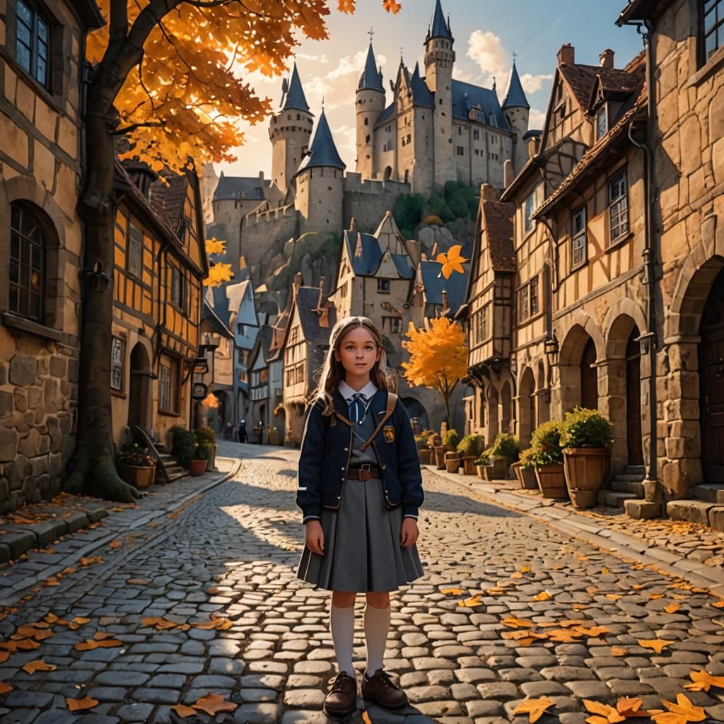Girl in School Uniform in Medieval Village