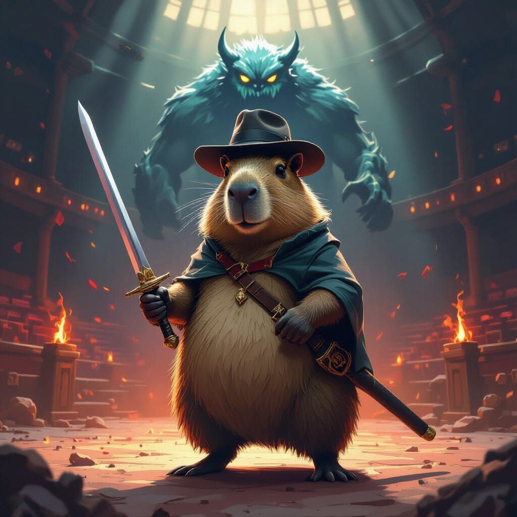 Heroic Capybara Boss Battle in Oil Painting Style