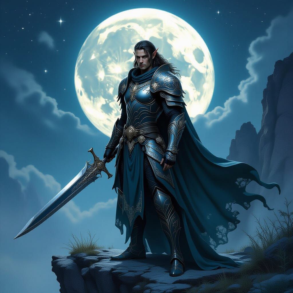 Elven Warrior in Dark Fantasy Armor on Moonlit Cliff