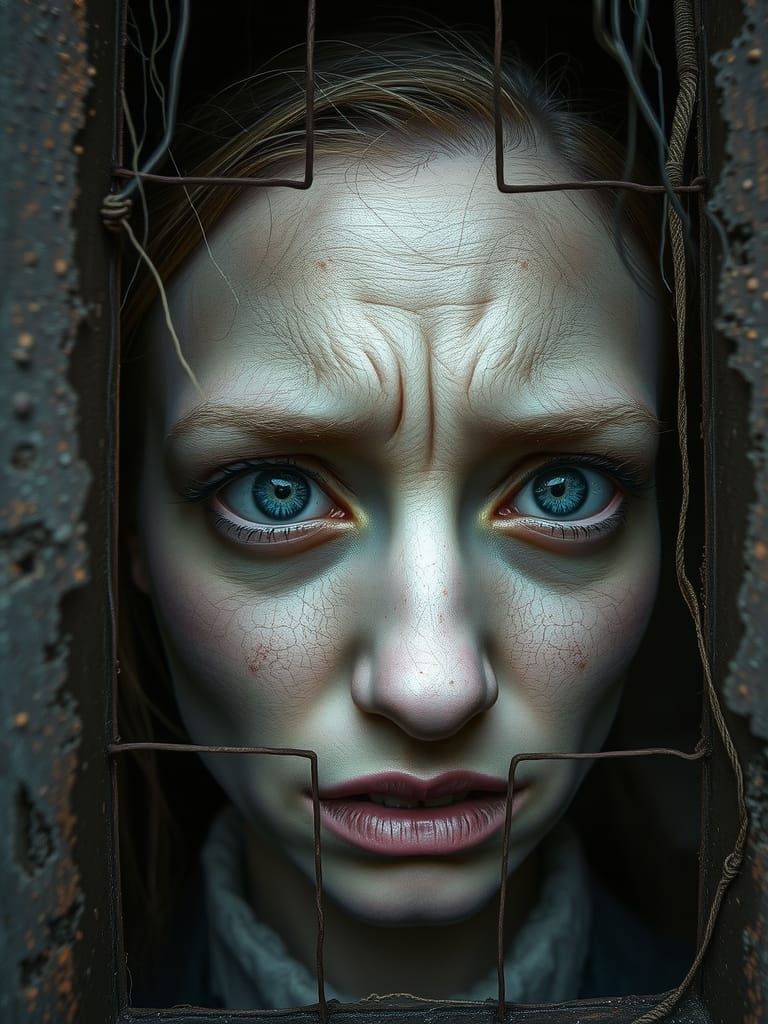 Woman's anguished face, eyes wide with fear and desperation,...