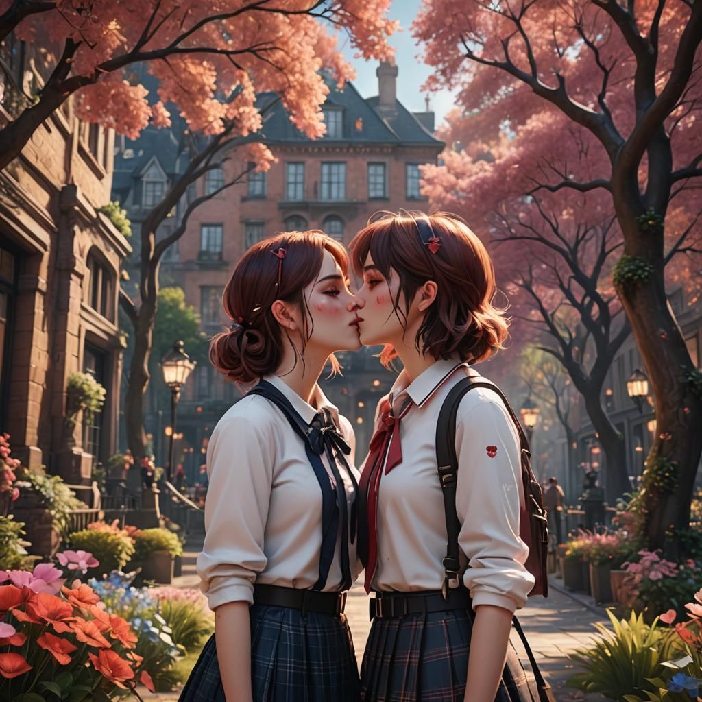 Preppy and Emo Girls Kiss: Detailed Matte Painting