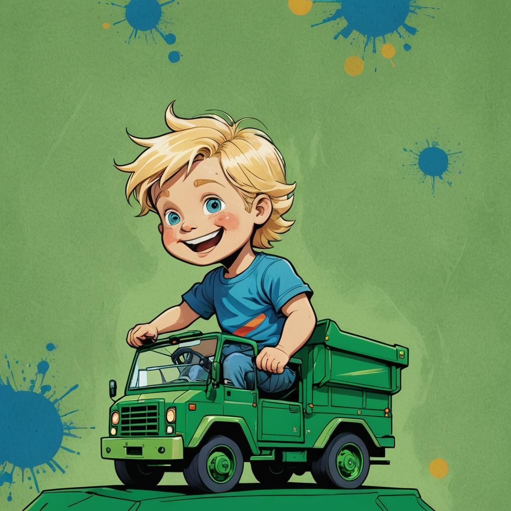 A Joyful 3-Year-Old Boy Rides Amidst Vibrant Colors