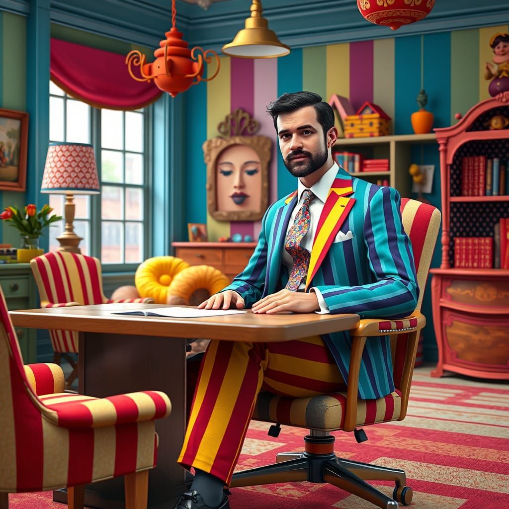 Businessman in Whimsical Striped Office