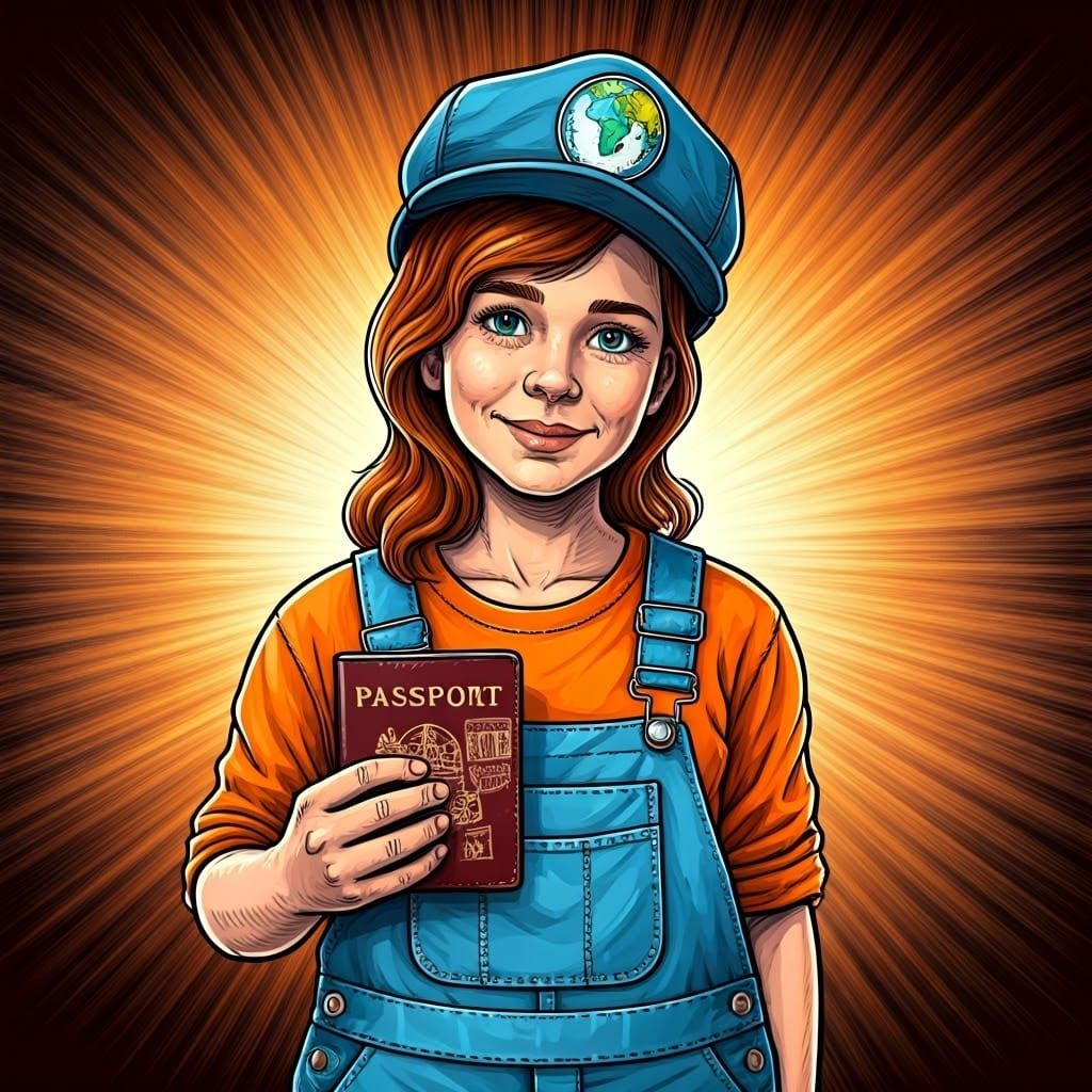 Colorful Cartoon Character with Passport in Fineliner Style