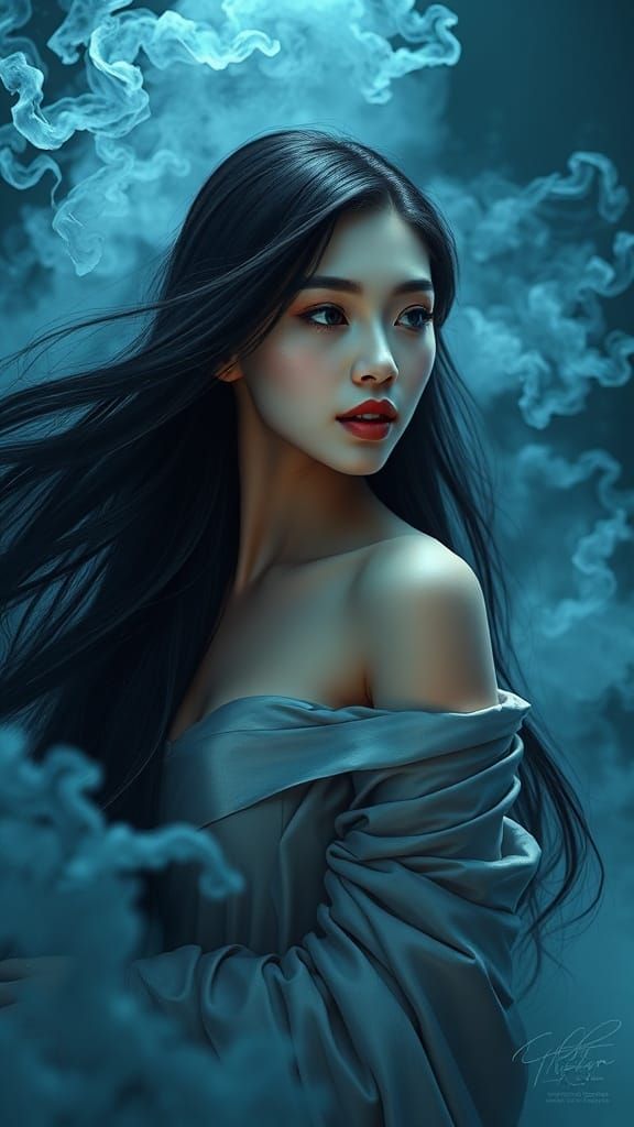 Mysterious Asian Woman in Surreal Fog, Fantasy Art