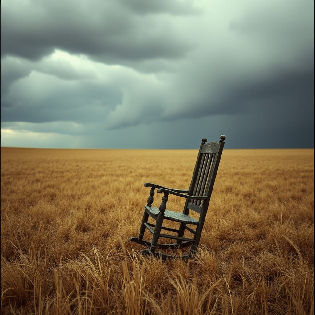 Empty Rocking Chair in Desolate Field Under Stormy Sky