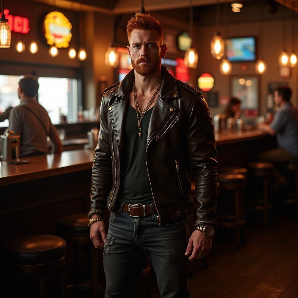 Athletic Red-Haired Man in Leather Jacket at Roadhouse Bar