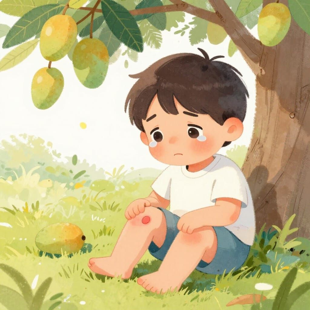 Child Under Mango Tree with Scraped Knee, Gentle Scene