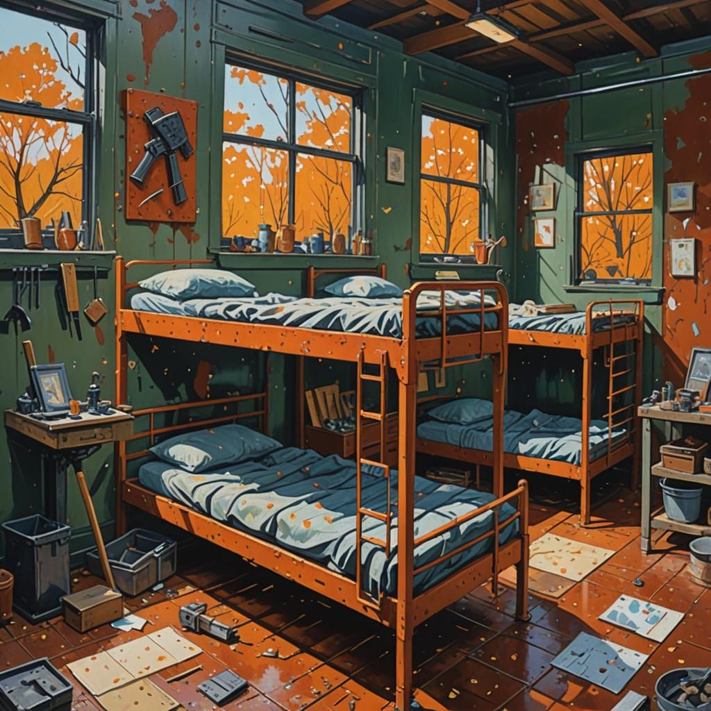 Spartan Barracks Interior in Thick Gouache Painting Style