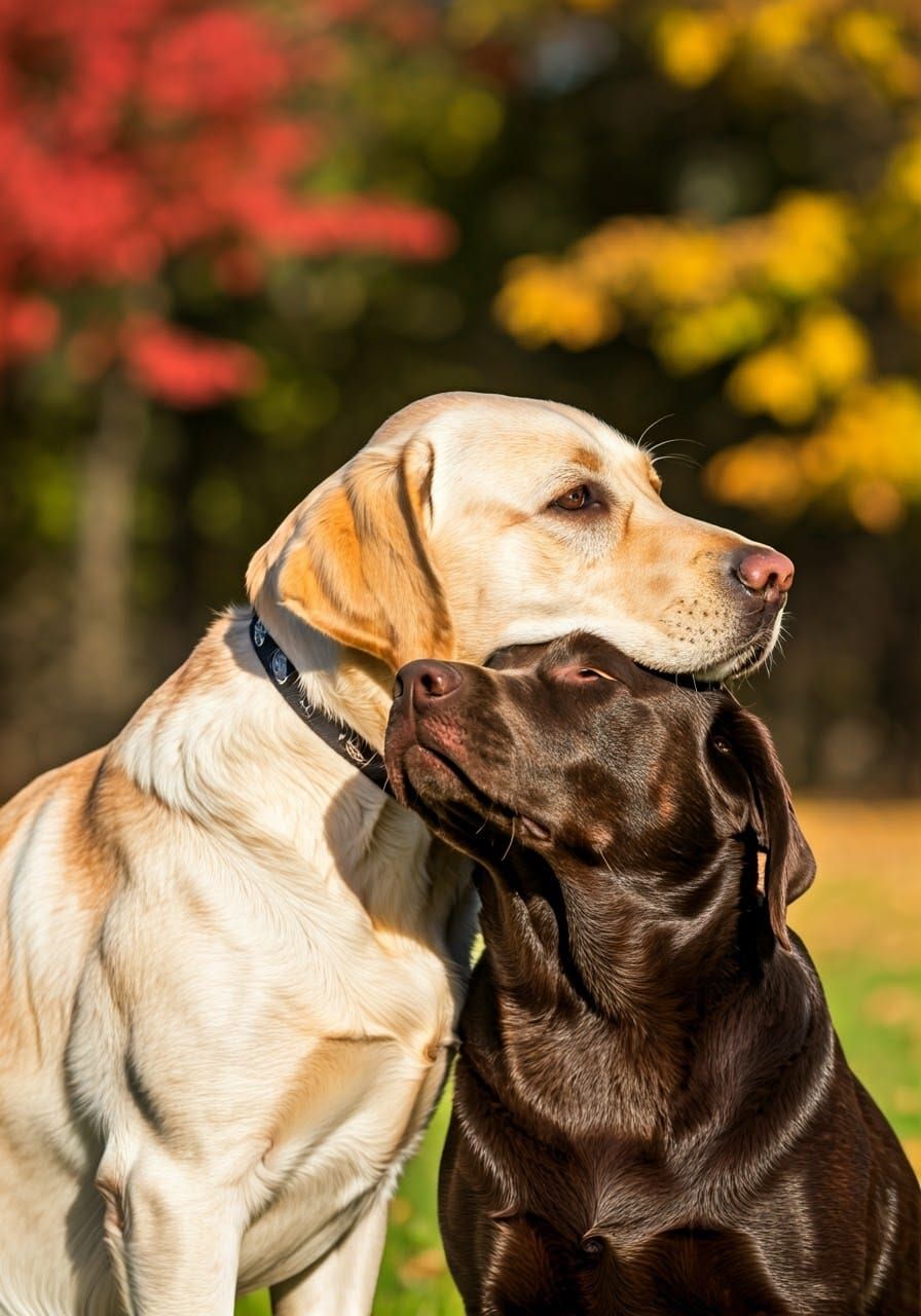 Golden and Chocolate Labs Embrace on Fall Day