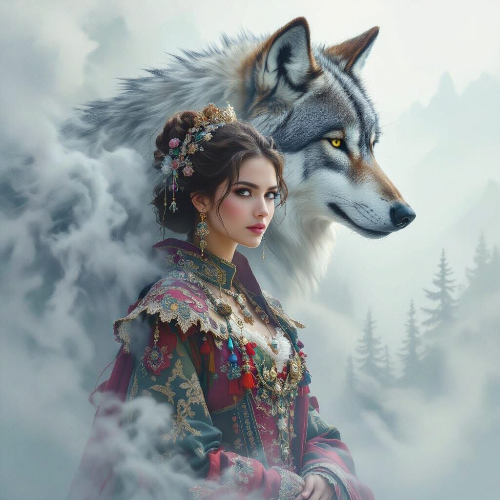 Ethereal Woman with Wolf in Dreamy Landscape