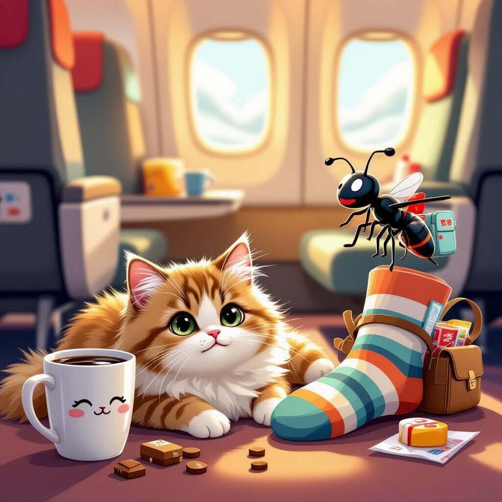 Cartoon Cat and Ant Airplane Socks: Digital Art Style