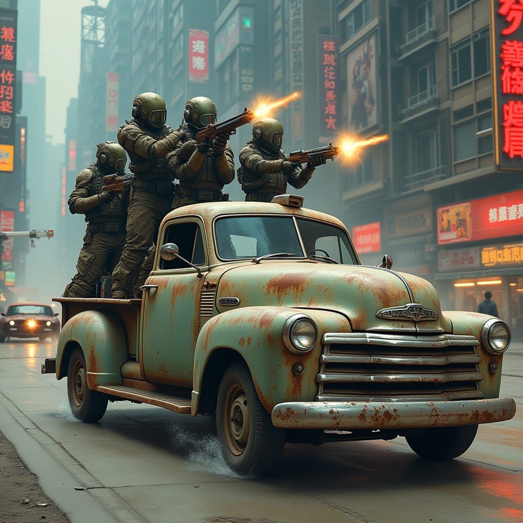 Dystopian Truck with Robot Hybrids in Cyberpunk City