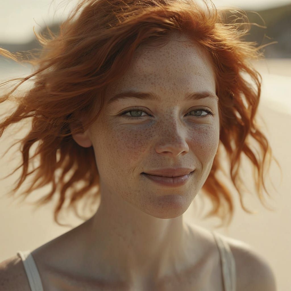 Ultra-Realistic Portrait of a Joyful Woman with Vibrant Red...