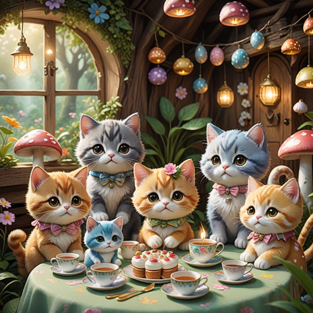 Chrome Kittens Tea Party in Mushroom Cottage