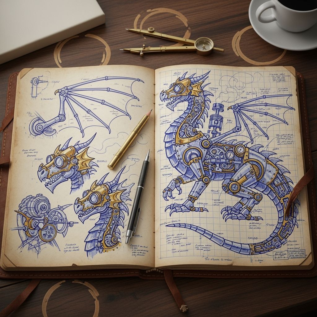 Steampunk Mechanical Dragon Blueprint Sketch