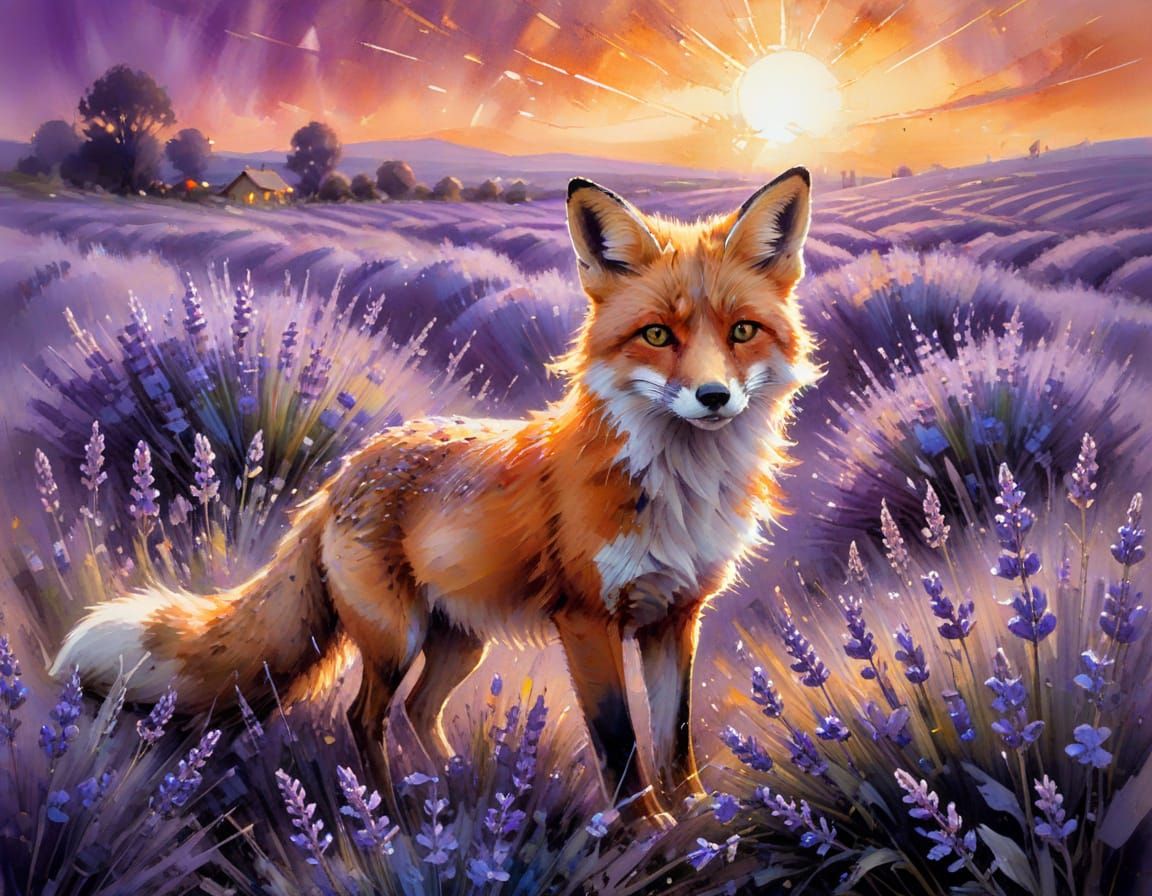 Fox in Twilight Lavender Field, Watercolour Style