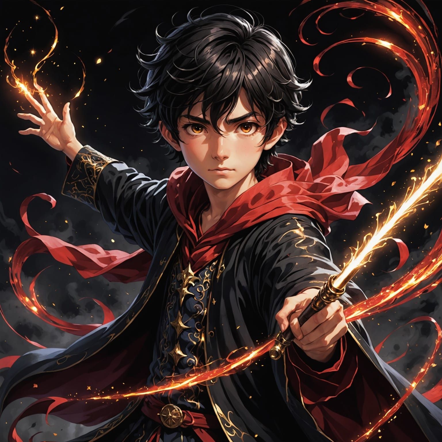 Anime Wizard with Wand in Chiaroscuro Style