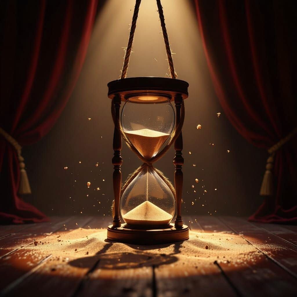 Cracked Hourglass Suspended by Rope in Moody Spotlight