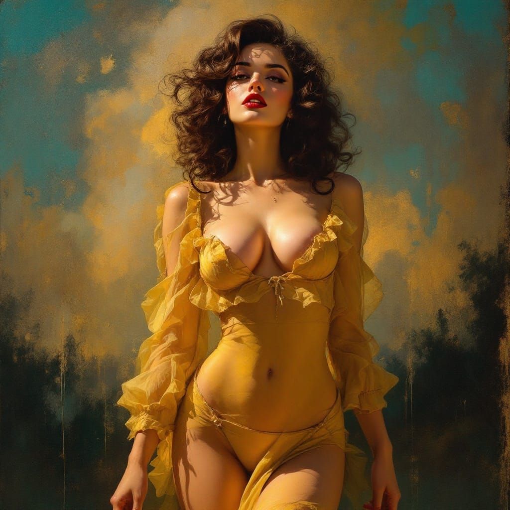 Romantic Pin-Up Woman in Vibrant Turquoise and Gold