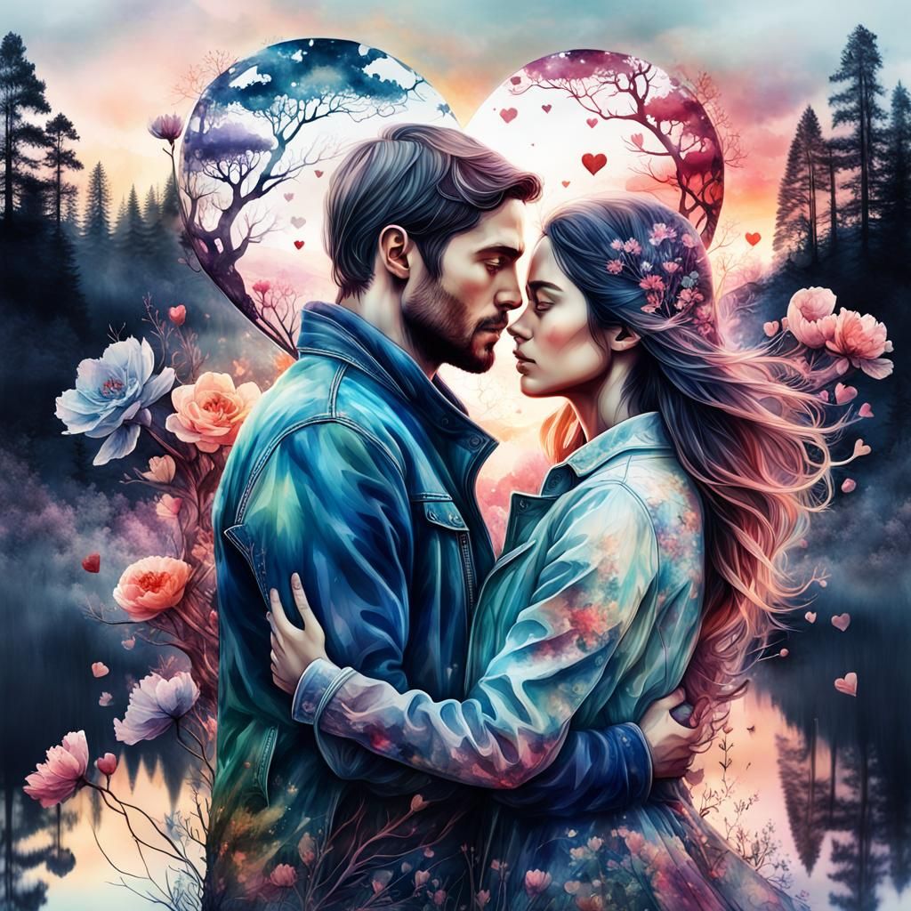 Valentine's Day Couple in Watercolor Double Exposure