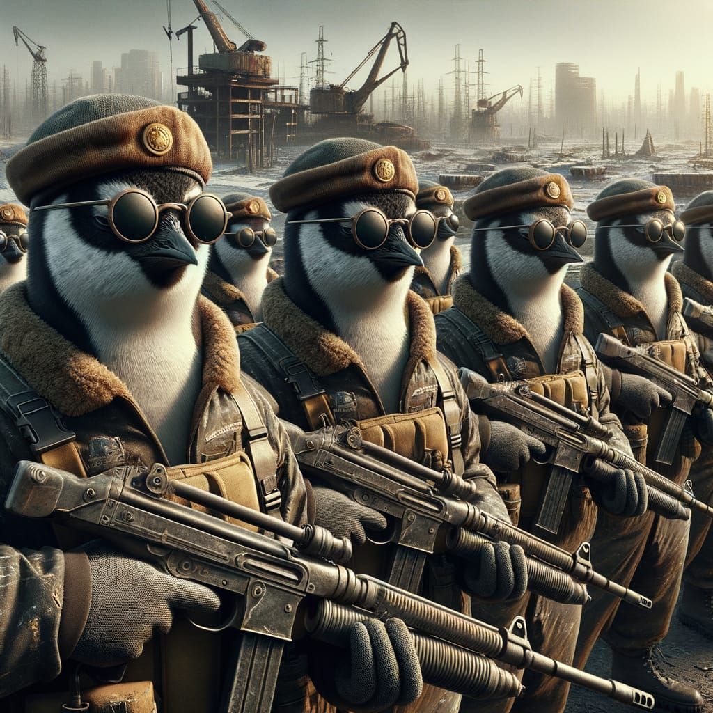 Armored Penguin Squad in Post-Apocalyptic Wasteland