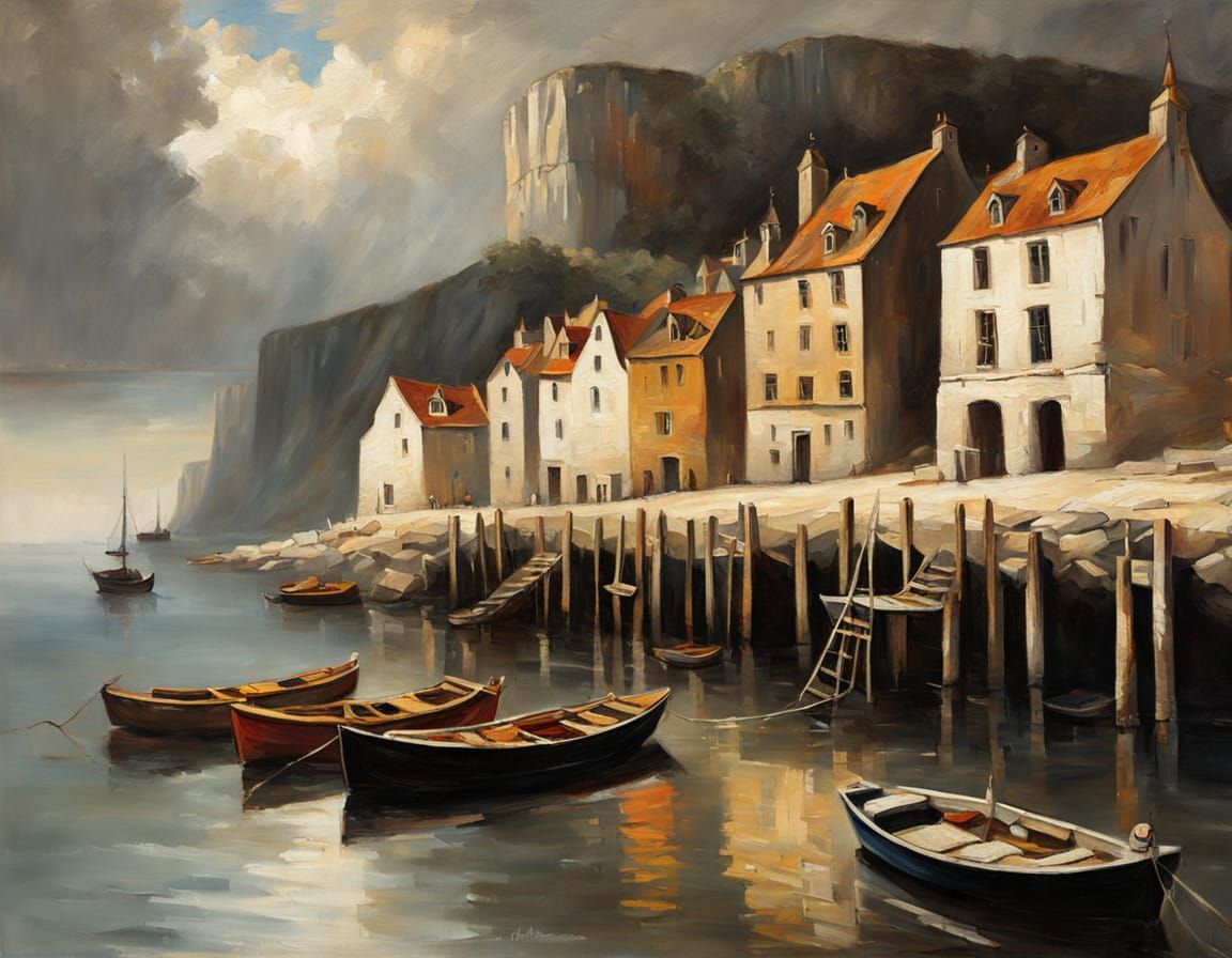 Serene Norman Fishing Harbor in Warm, Earthy Tones