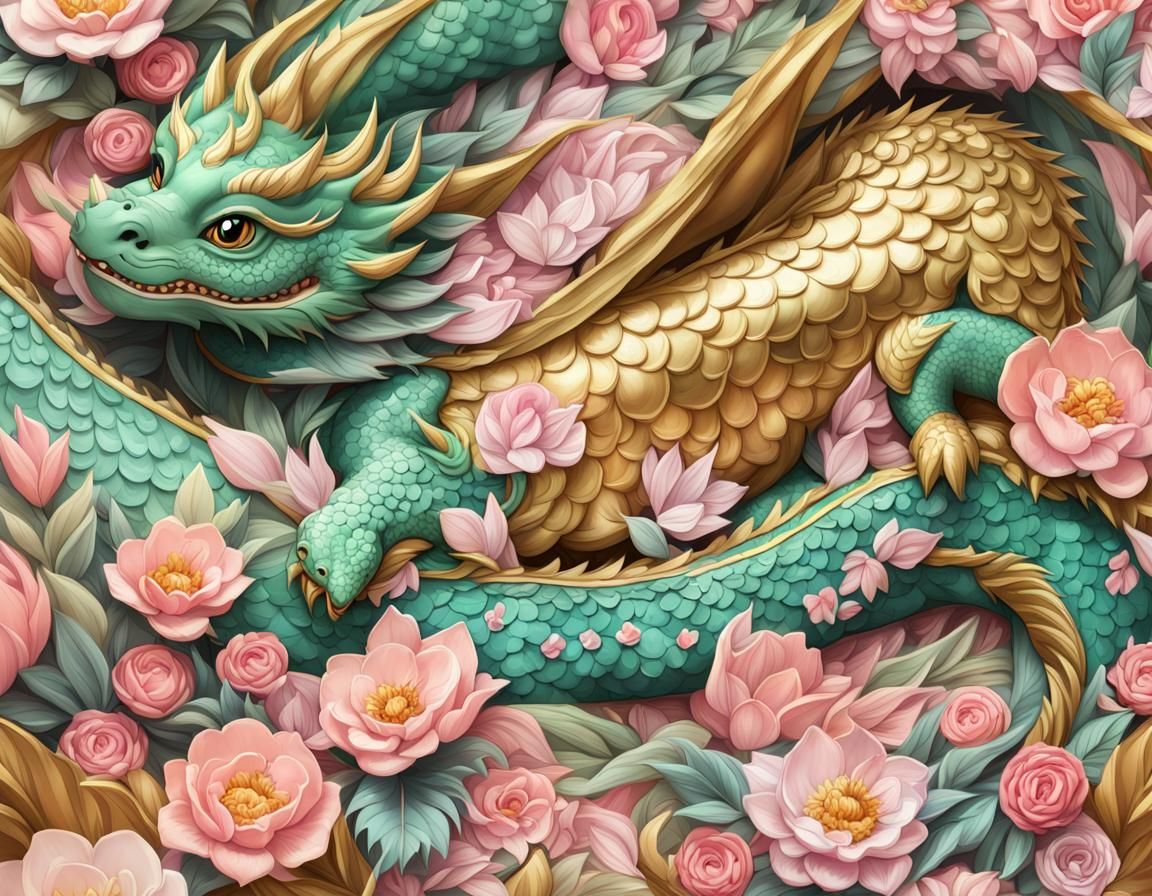Gentle Floral Dragon Hugs Adorable Boy