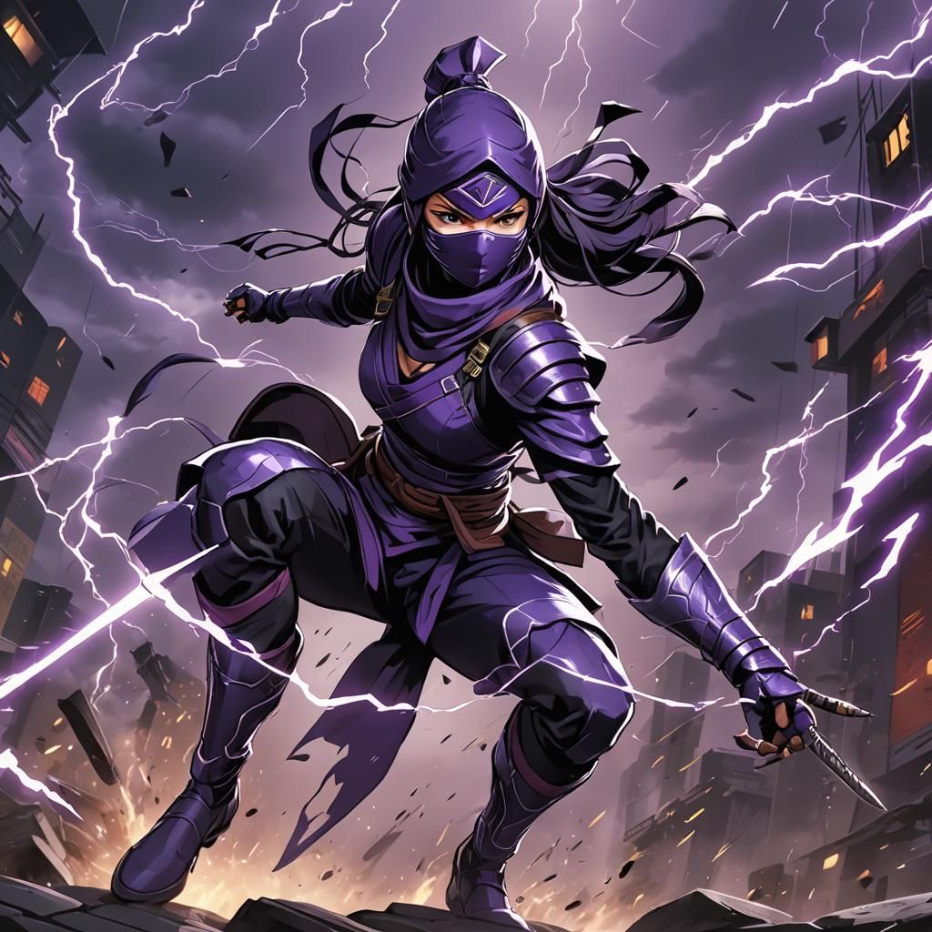 Female Ninja Warrior Amidst Purple Lightning