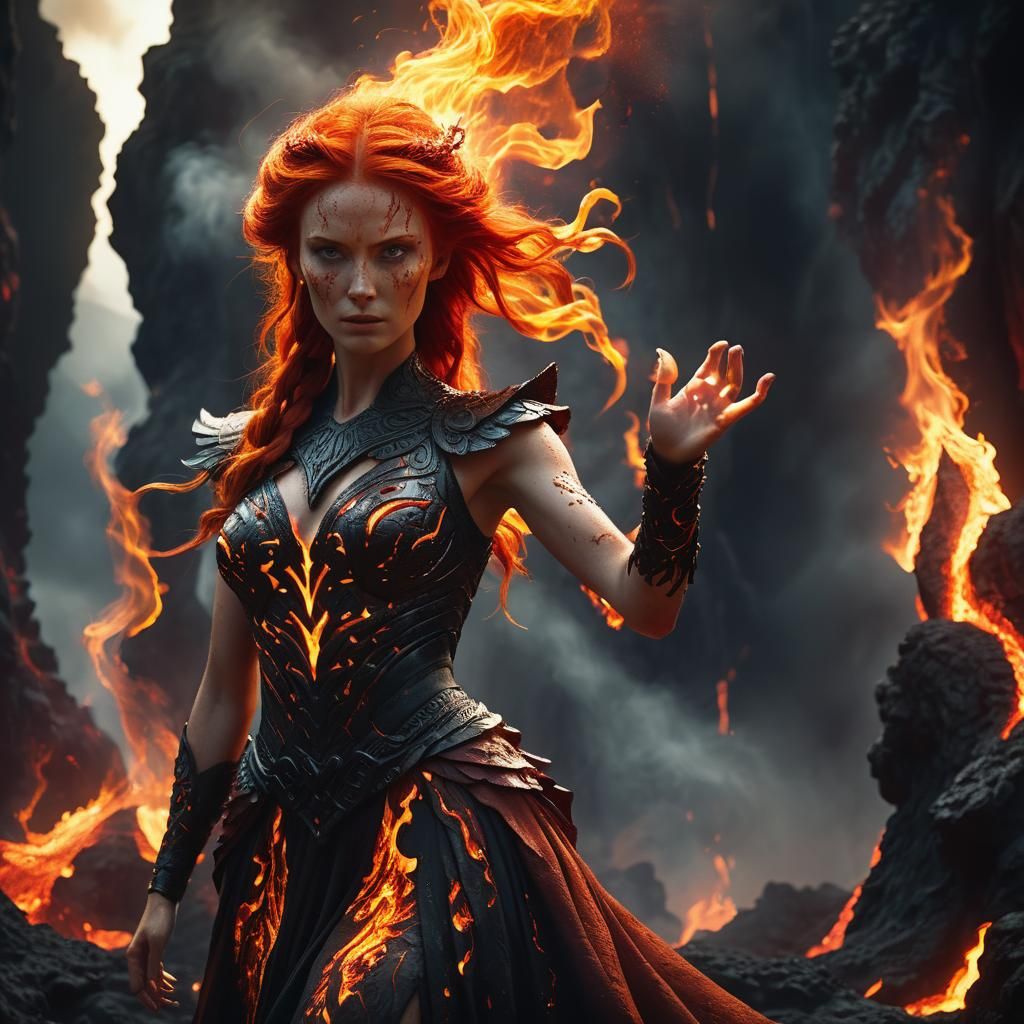 Red-Haired Goddess of Fire in Volcanic Temple