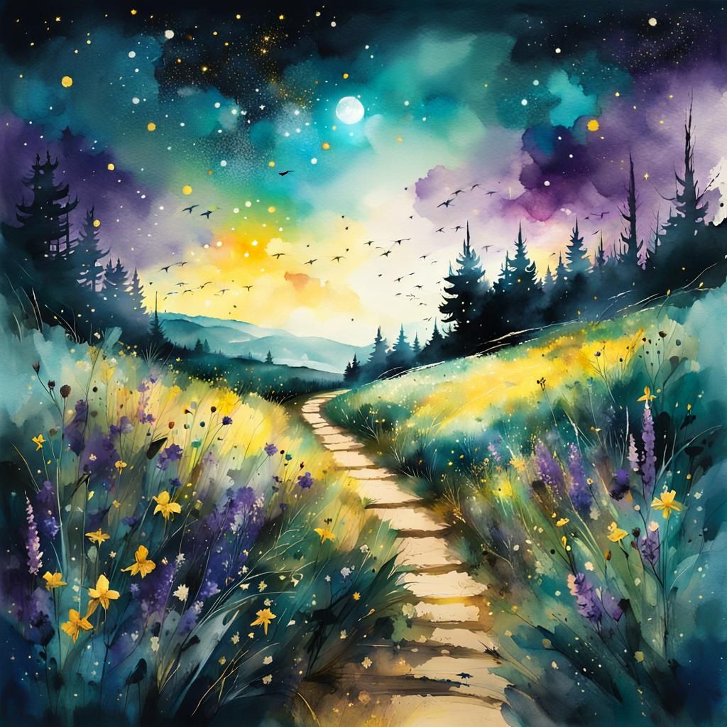 Watercolor Path Through Field of Fireflies