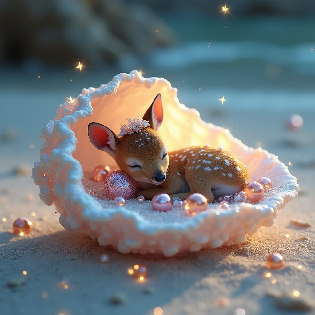 Tiny Fawn in Pearlescent Shell, Beach Scene with Sparkling C...