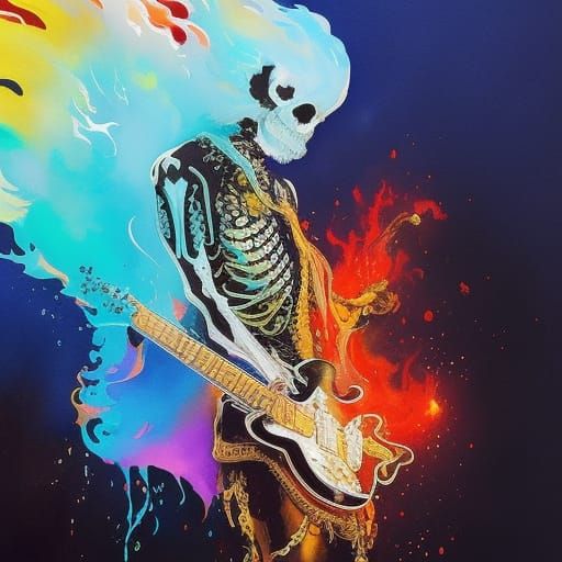 Flaming Skeleton Guitarist in Electric Gouache
