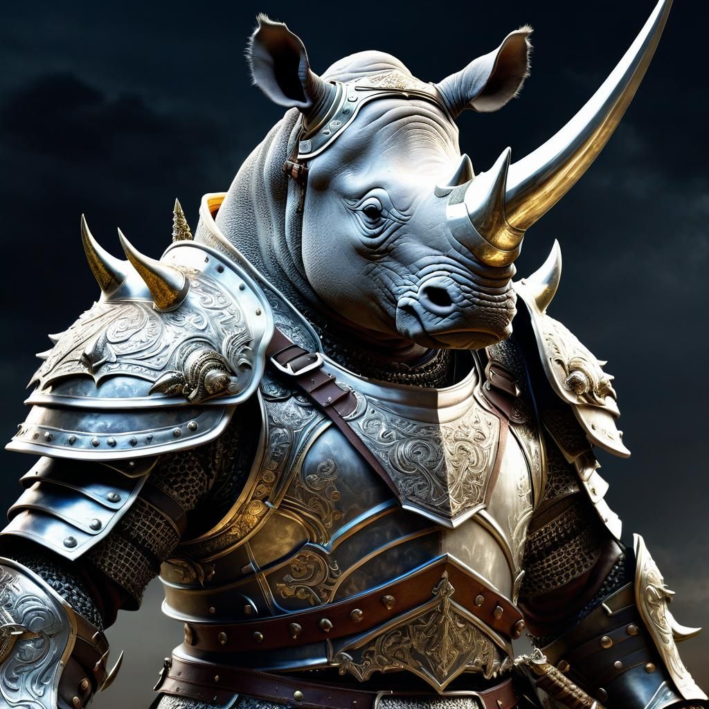 Rhino Warrior in Ornate Armor on Battlefield