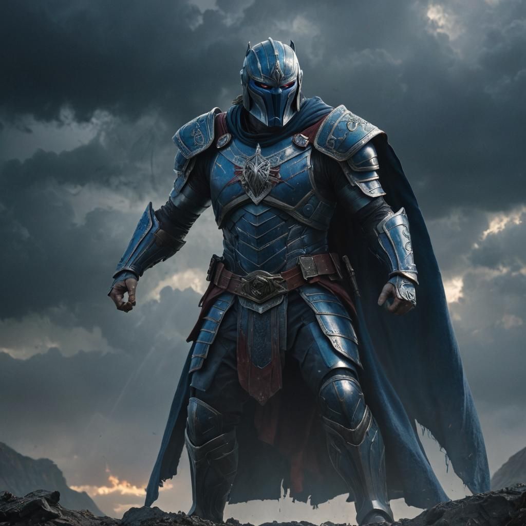 Blue Armored Warrior in Post-Apocalyptic Landscape