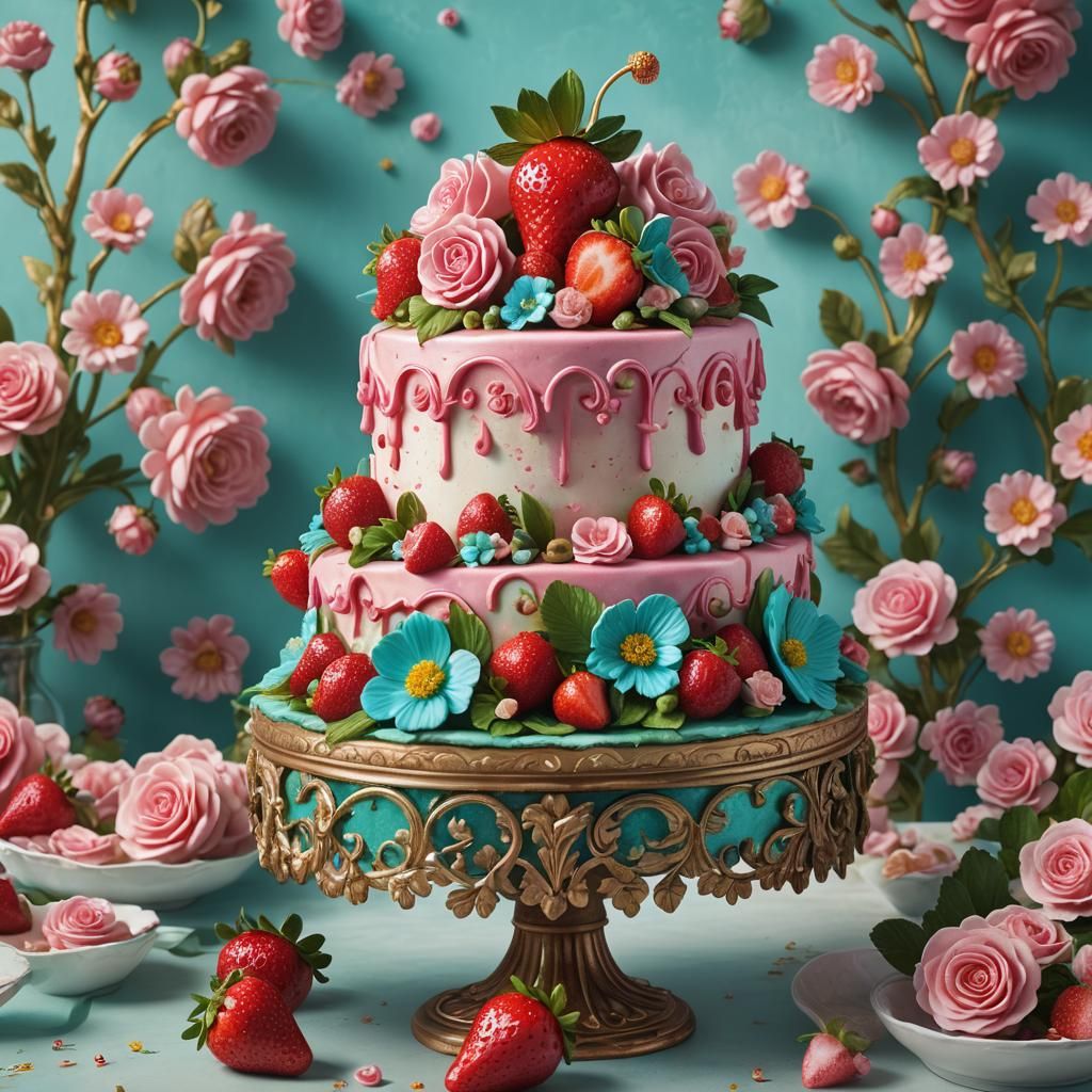 Ornate Strawberry Cake with Sugar Flowers