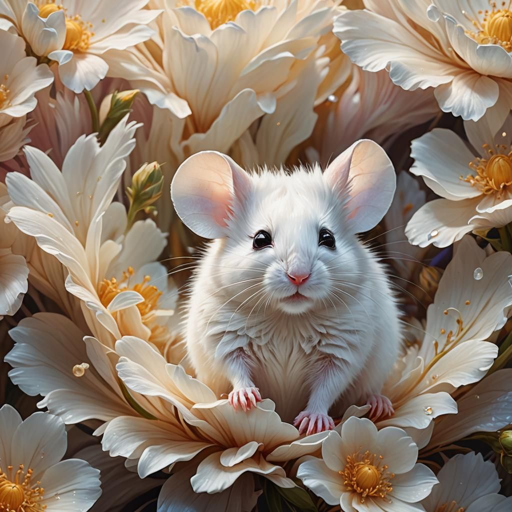 White Mouse in Vibrant Flower, Dreamlike Macro Photo