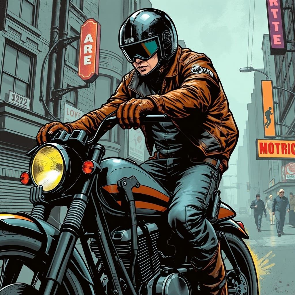 Cyclist with Gun in Futuristic Urban Scene