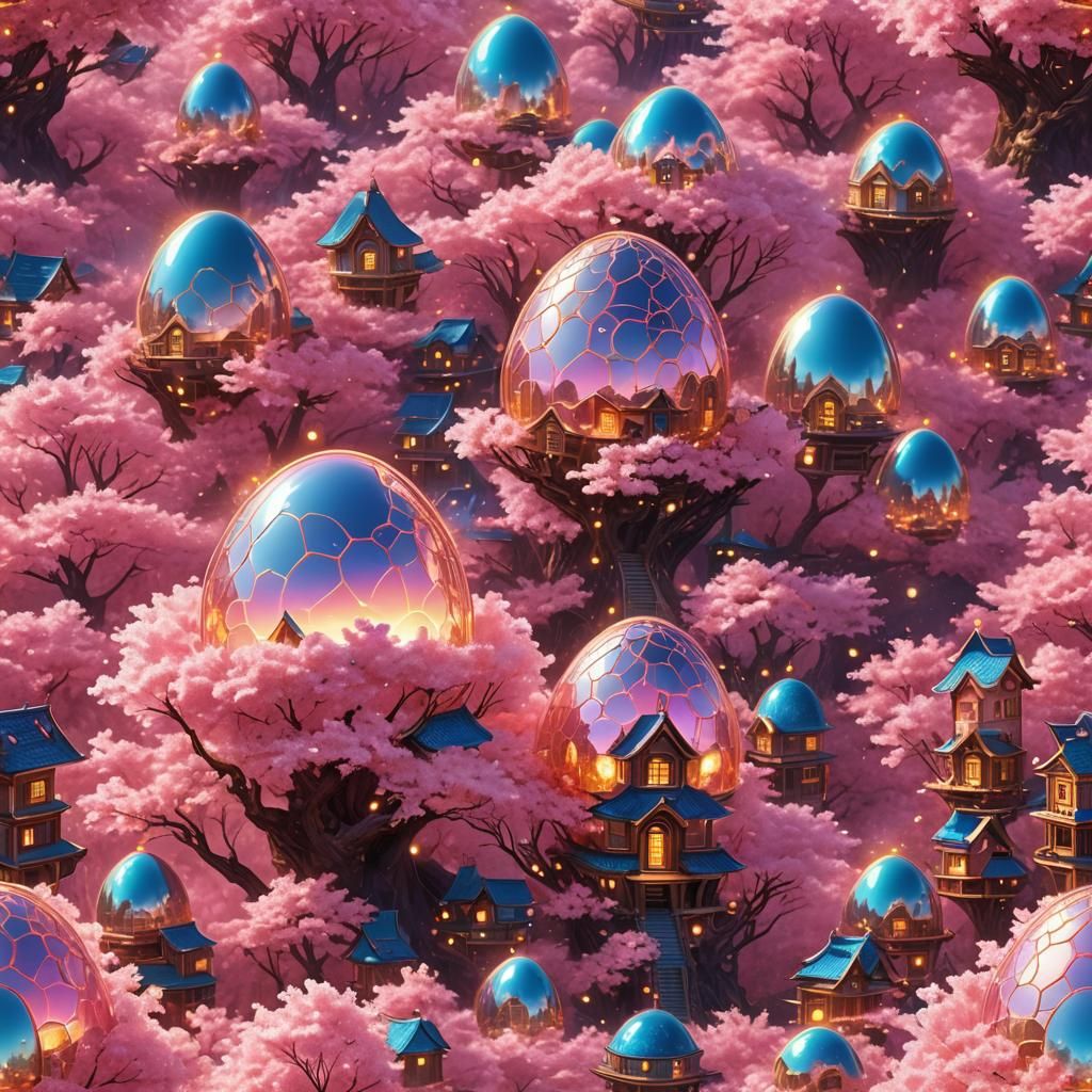 Pink Egg Houses in Holographic Sakura Tree