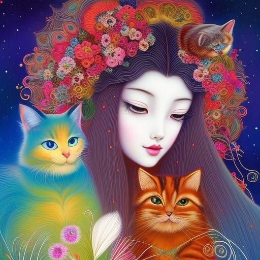 Girl with Animals in Magic Realism Coloring Book Style