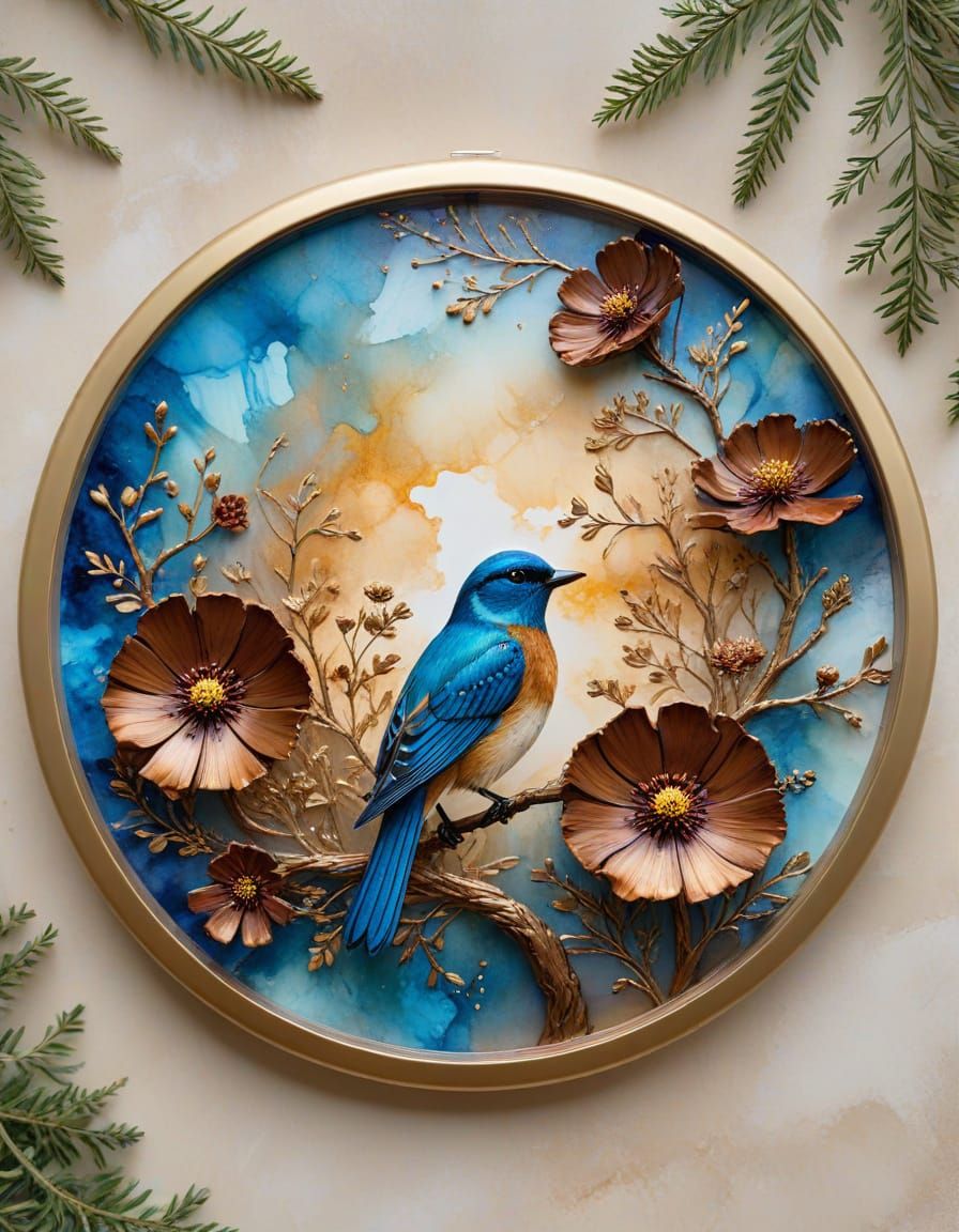 Alcohol Ink Art With Blue Bird And Gold Accents
