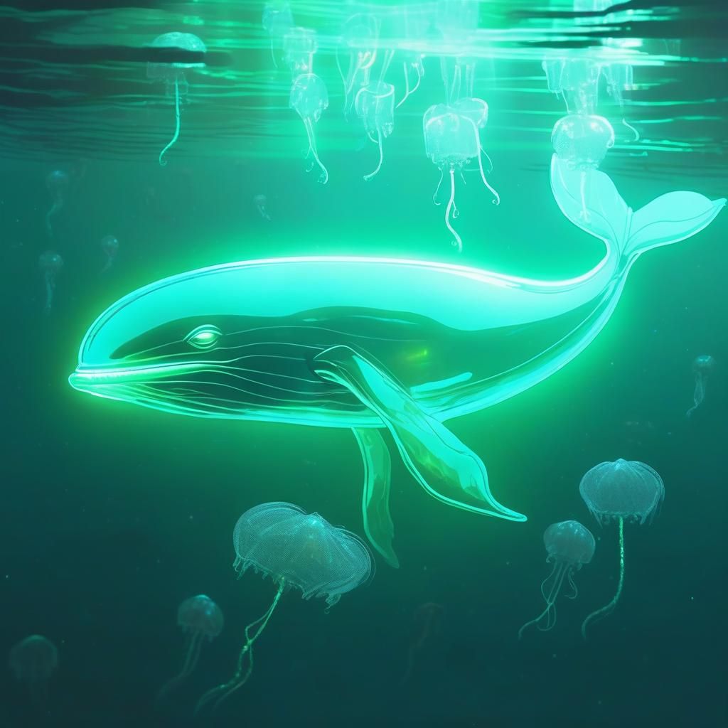 Bioluminescent Glass Whale in Ethereal Ocean Fantasy