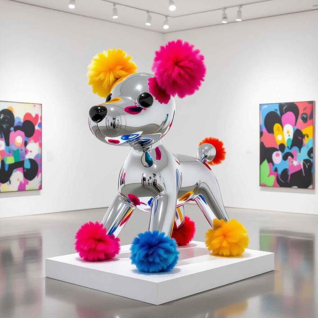 Colorful Pom Pom Dog Sculpture in Graffiti Art Style