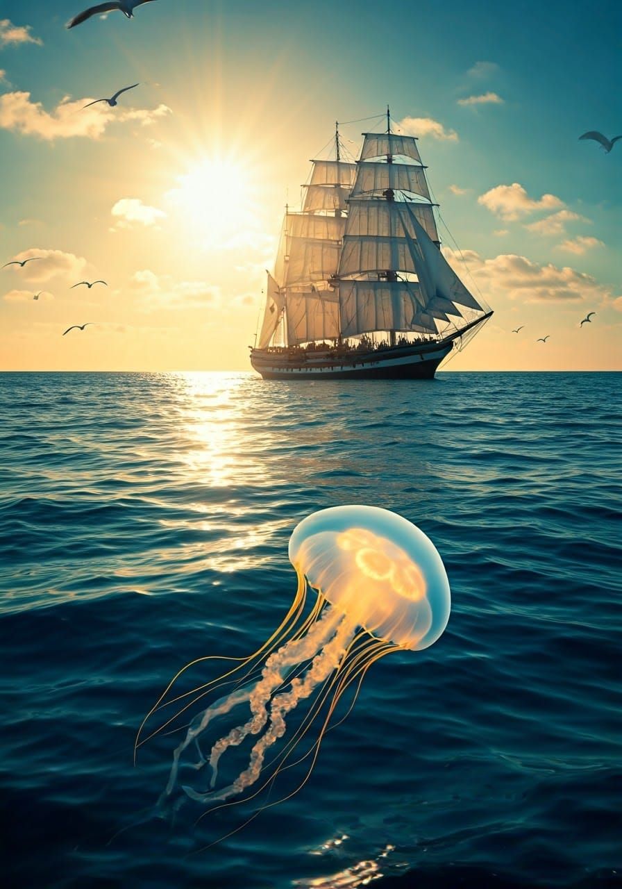 Majestic Sailing Ship on Endless Sea with Golden Spray and G...