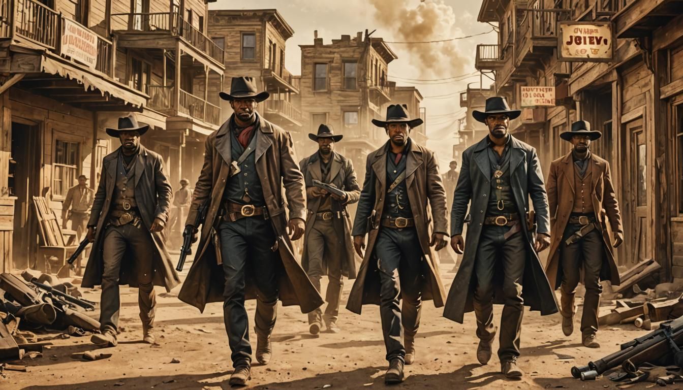 A group of men with guns in the middle of a city, wild west background, promotional images, IGN, TVN, images on the sale...